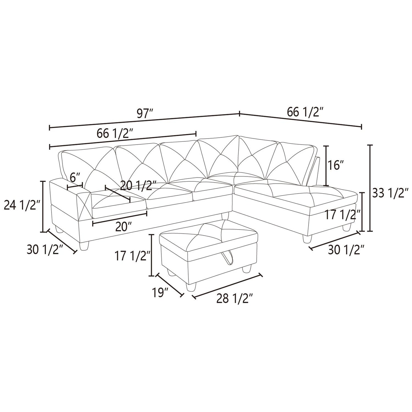 Diagram of a sectional sofa with ottoman showing dimensions