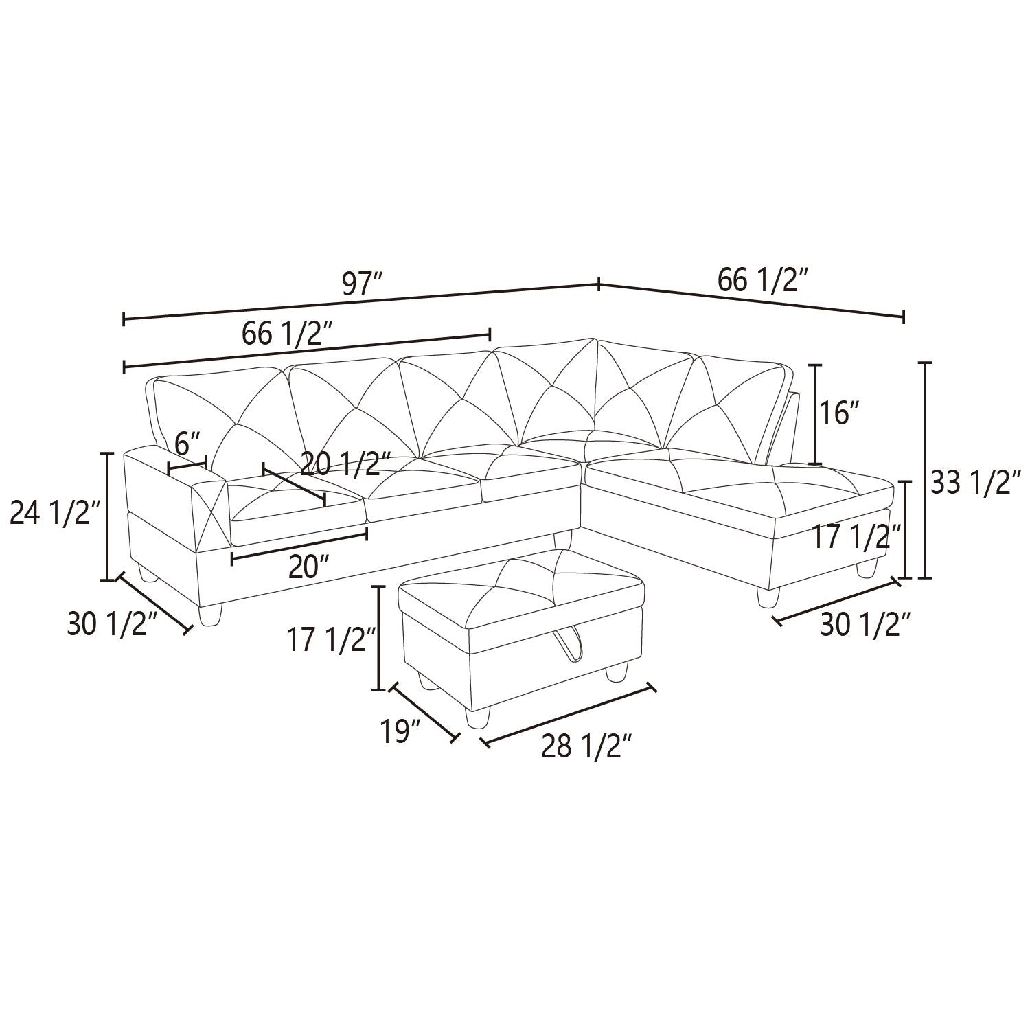 Diagram of a sectional sofa with ottoman showing dimensions