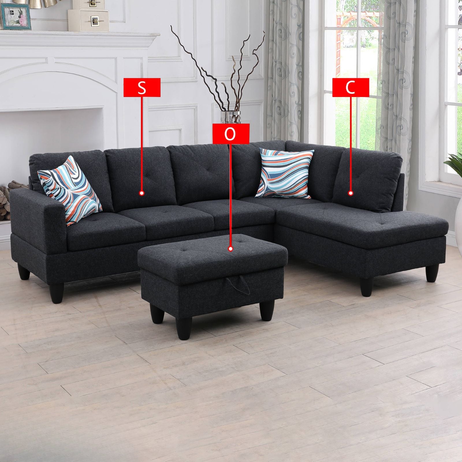 Dark grey fabric sectional sofa with chaise and tufted ottoman for living rooms