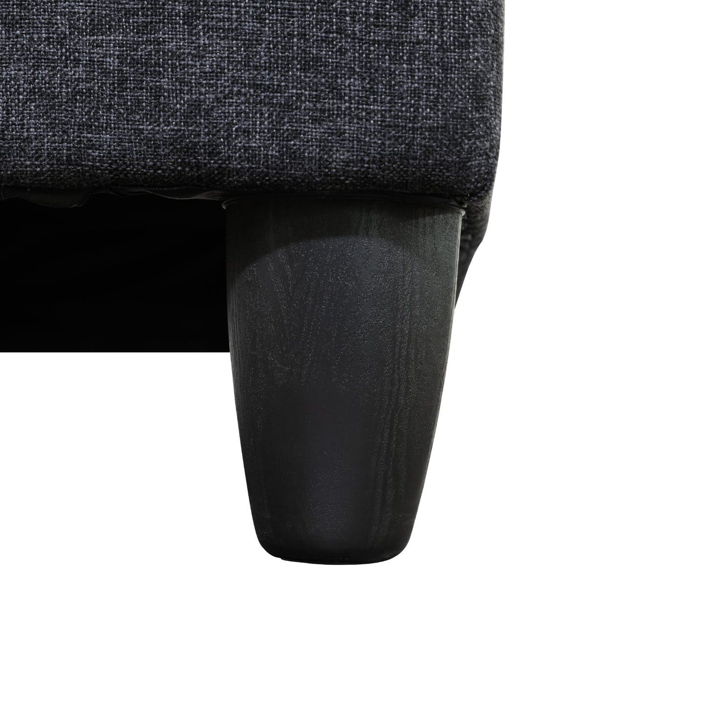 Dark gray textured fabric sofa leg base with tapered wooden foot