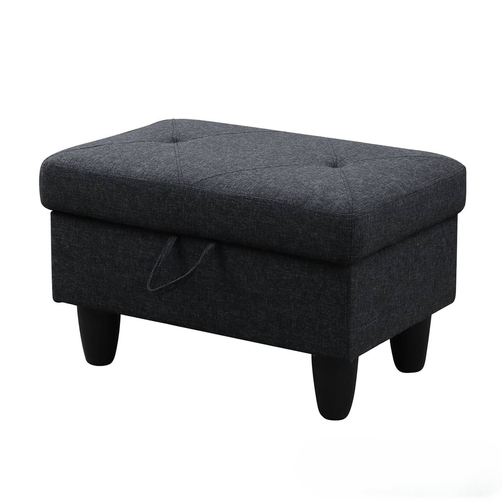 Dark gray fabric storage ottoman with tufted lid and black tapered legs
