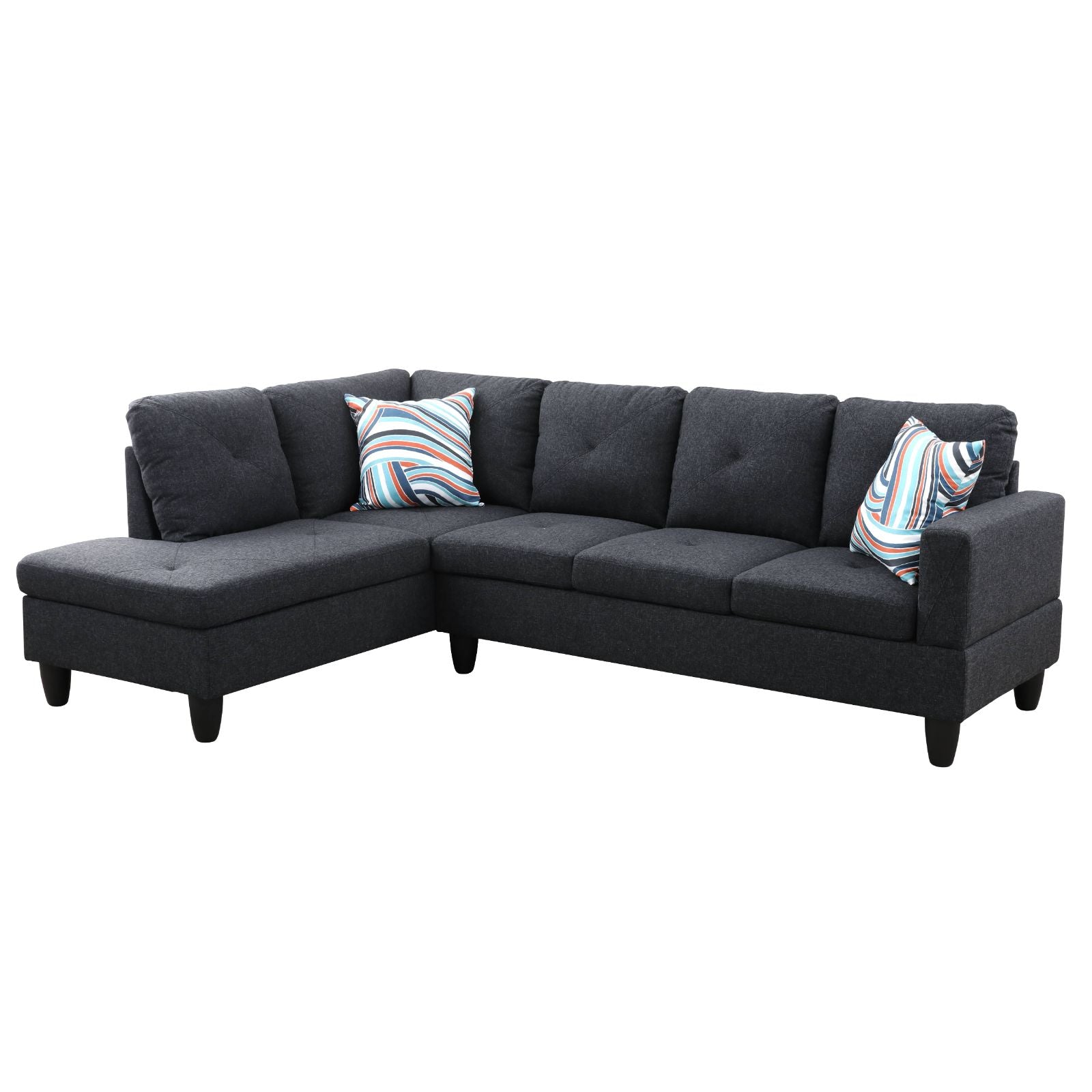 Dark grey fabric sectional sofa with chaise and striped pillows