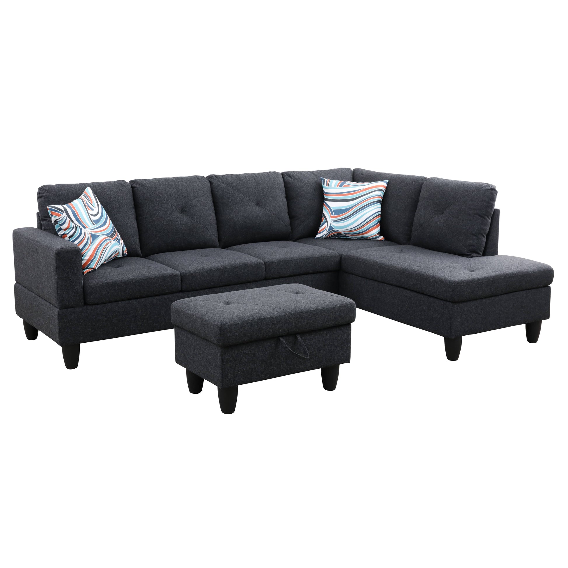 Dark gray fabric sectional sofa with chaise and matching storage ottoman
