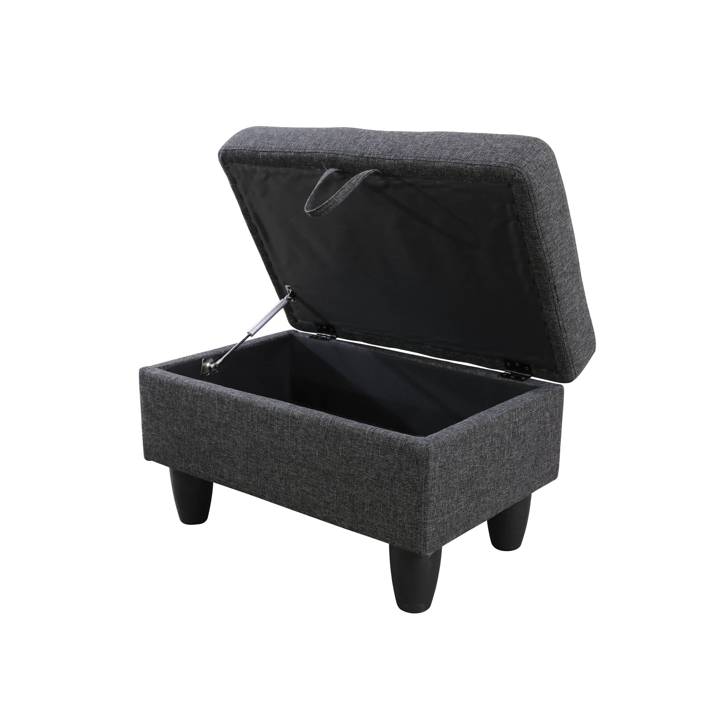 Dark grey upholstered storage ottoman with lid open