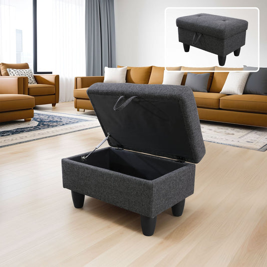 Dark gray fabric storage ottoman with tufted lid