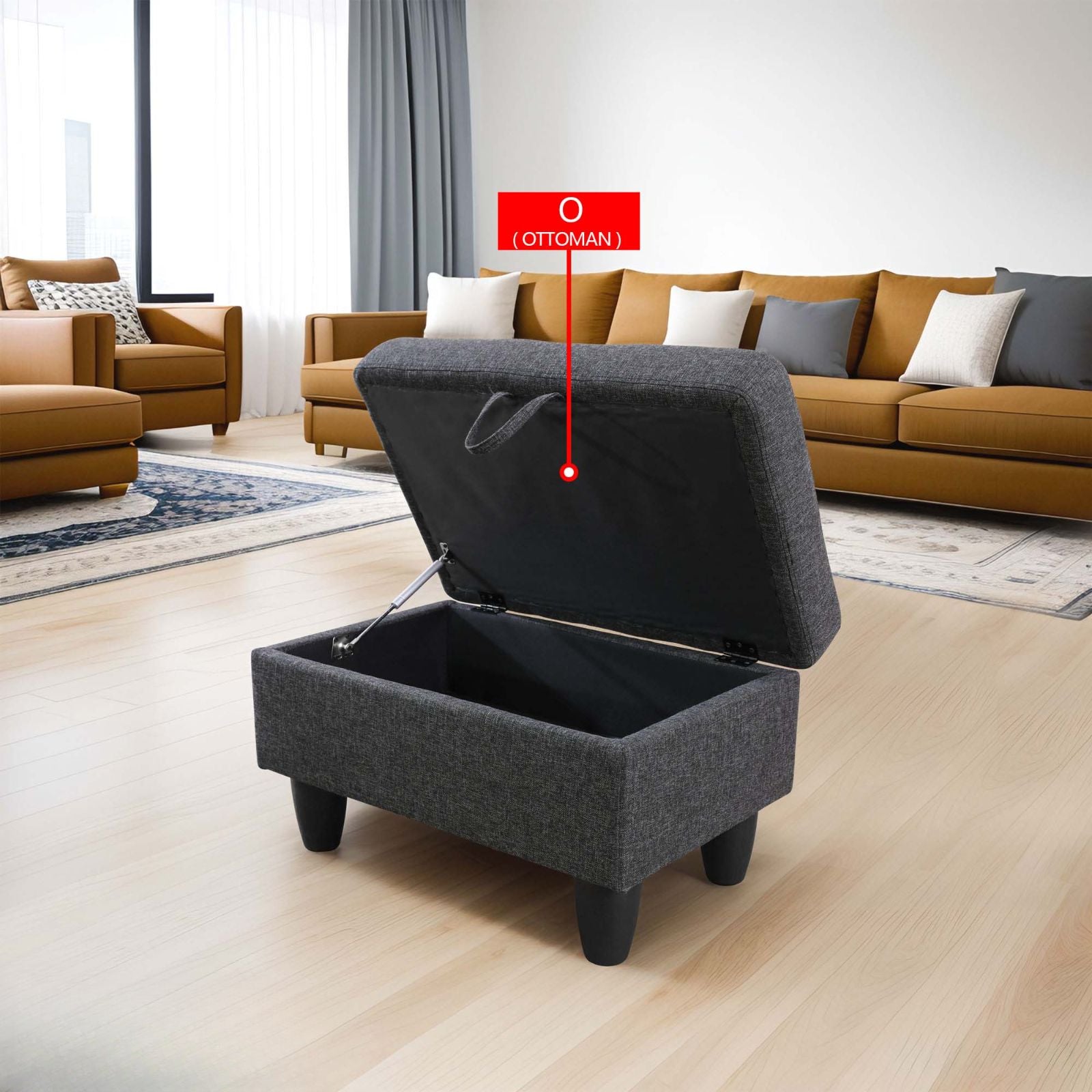 Dark gray fabric ottoman with hinged lid open