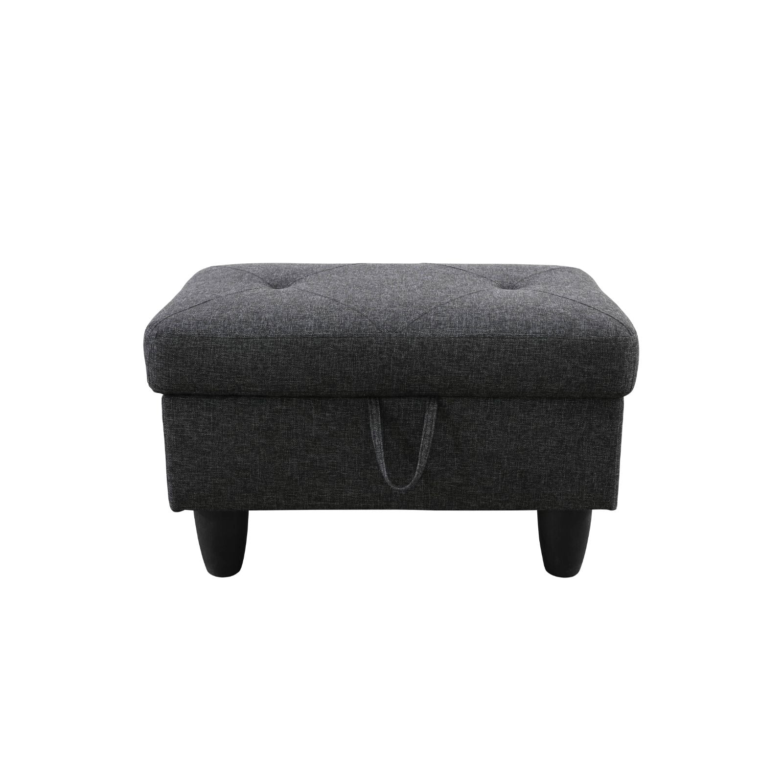 Dark grey tufted storage ottoman with black tapered legs