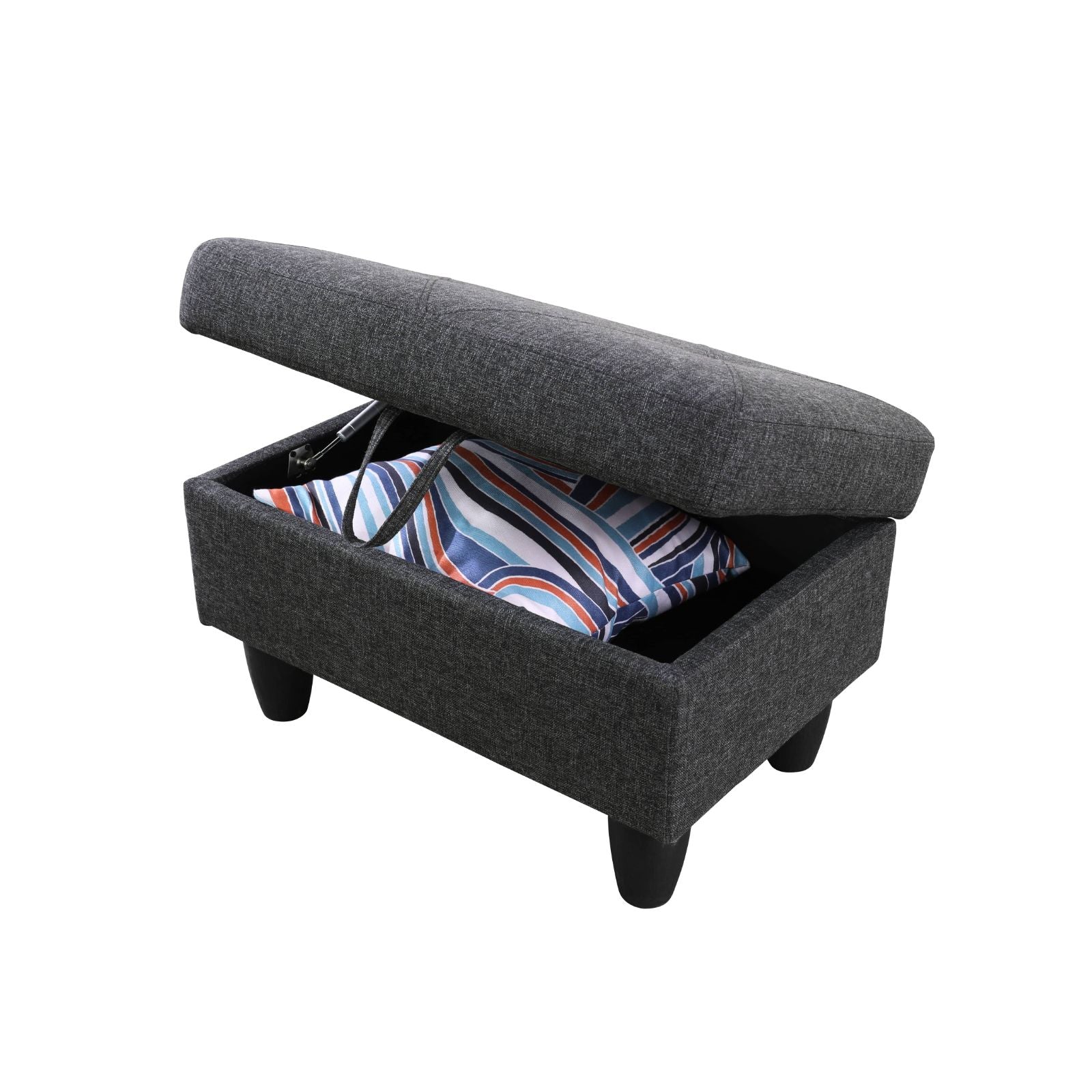 Gray fabric storage ottoman with open lid revealing striped pillow