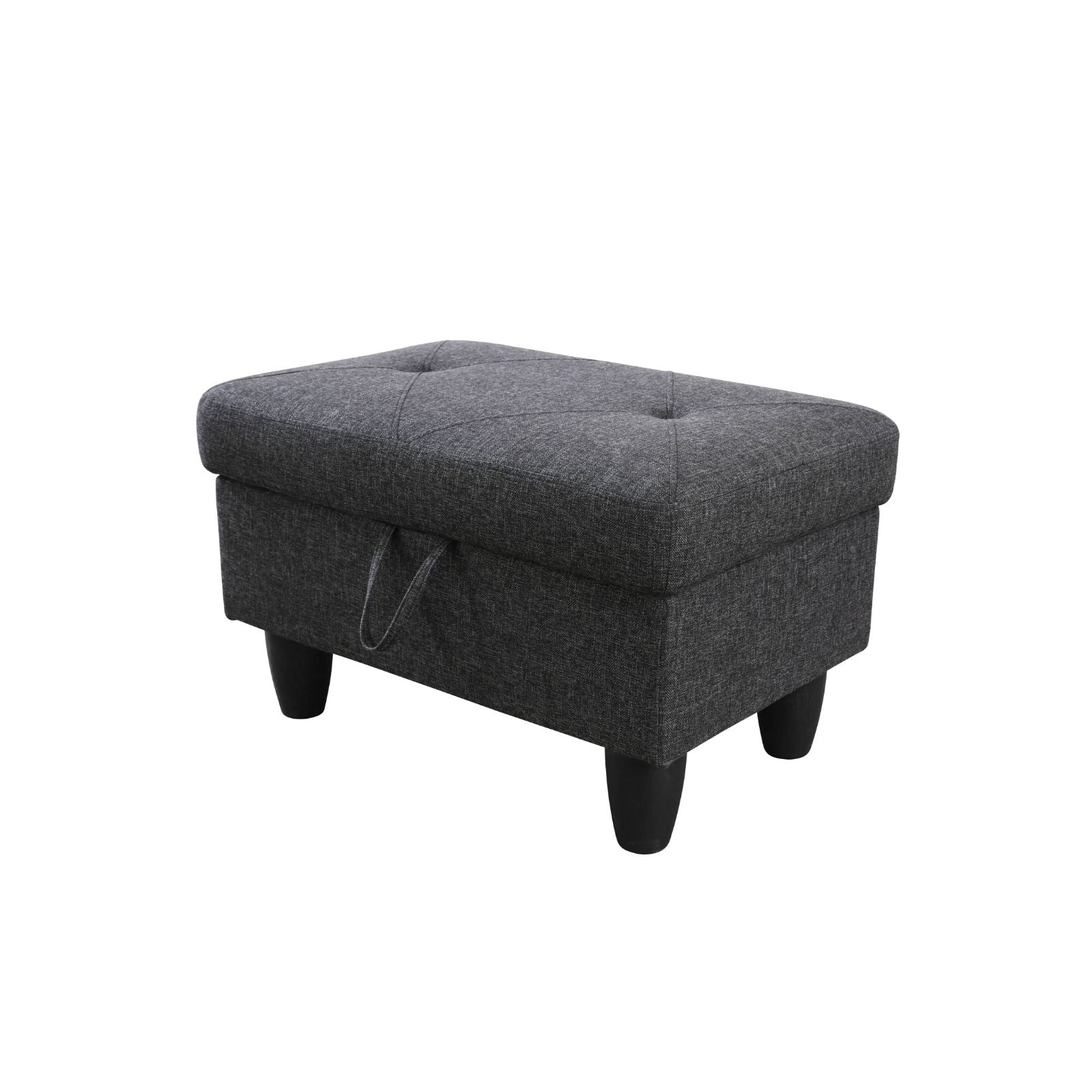 Dark gray fabric storage ottoman with tufted top and black tapered legs