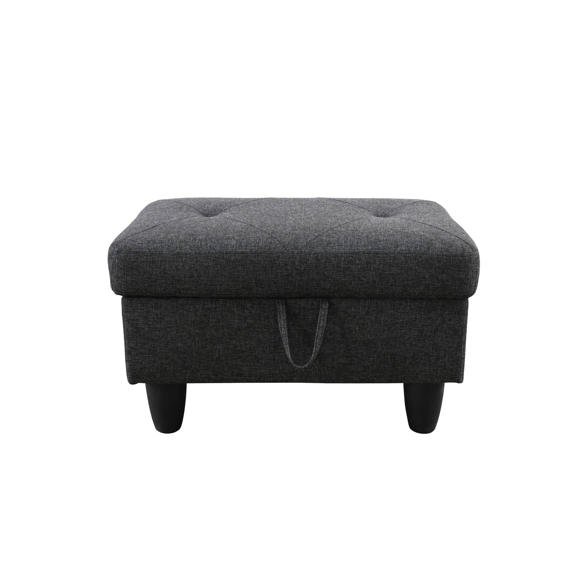 Dark gray tufted fabric storage ottoman with black legs