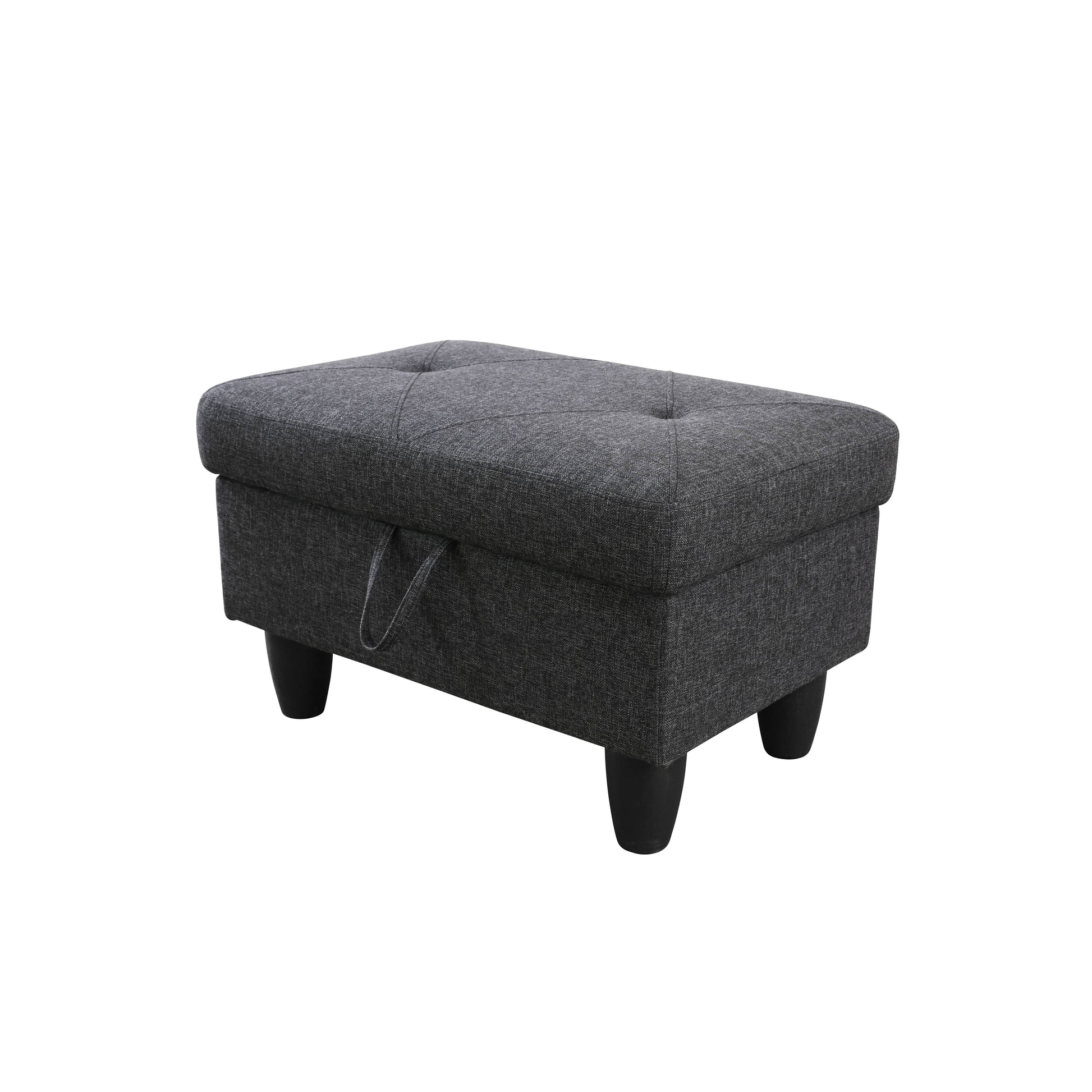 Dark grey upholstered storage ottoman with tufted top and black tapered legs