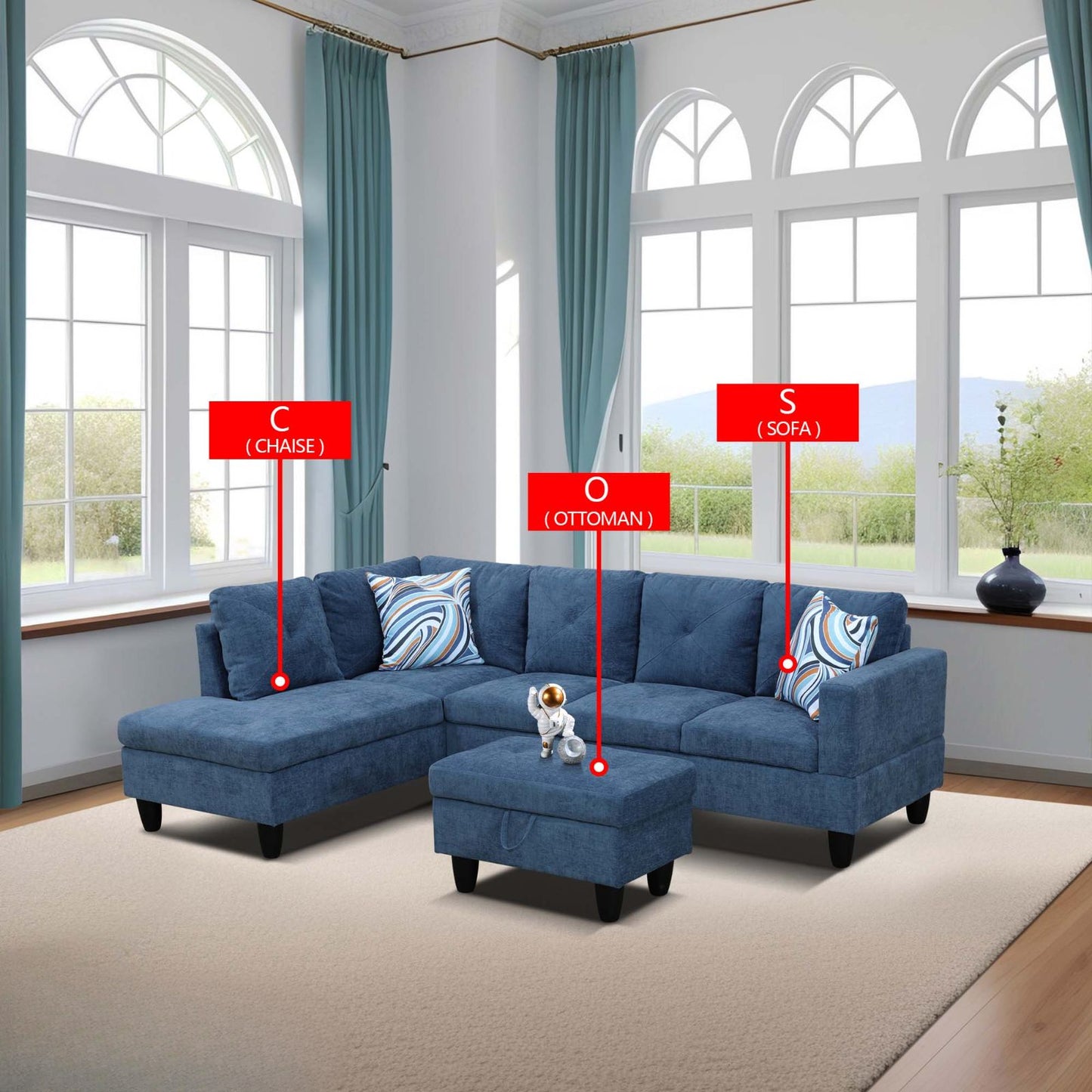 Blue fabric sectional sofa with chaise and matching ottoman