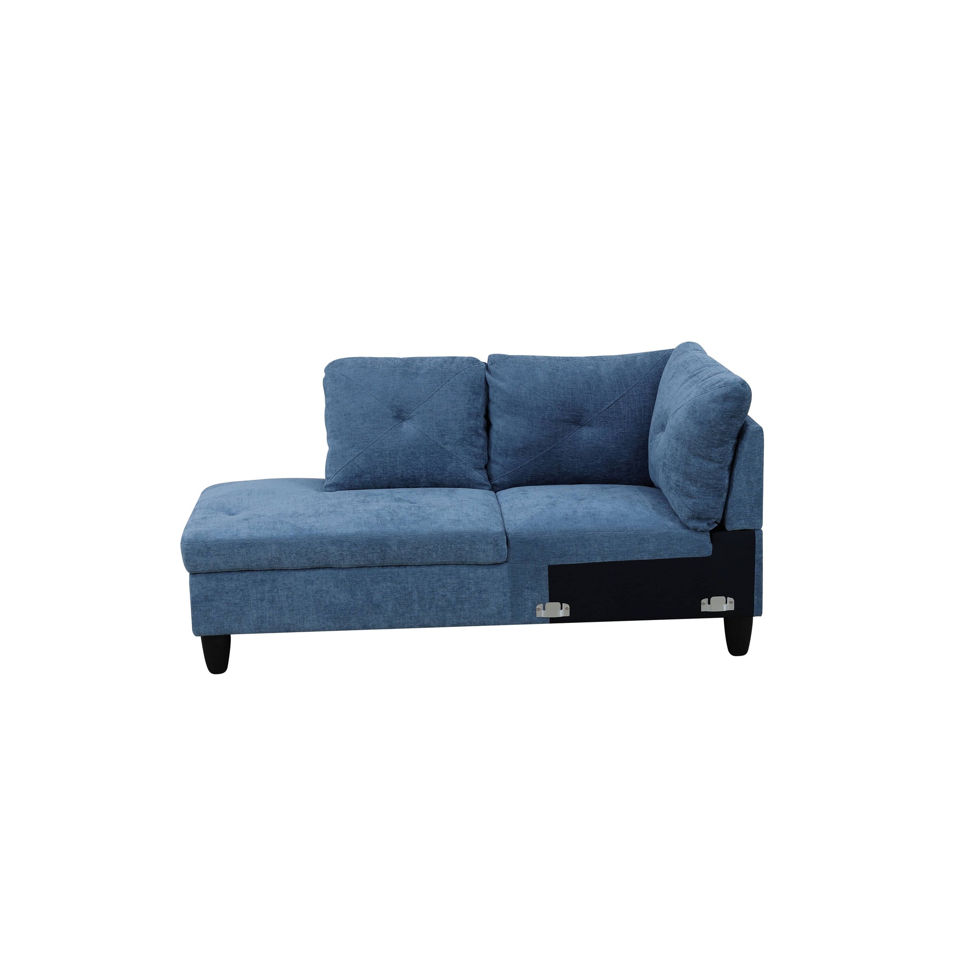 Blue fabric sectional sofa with chaise lounge and tufted cushions