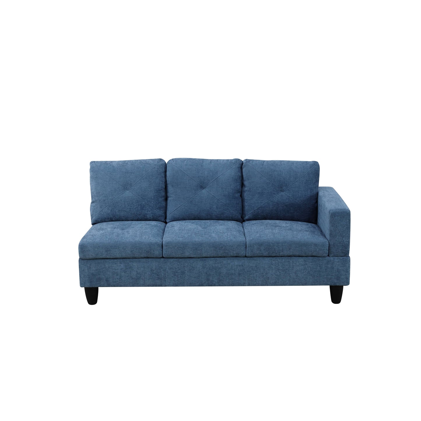 Blue fabric sectional sofa with tufted back cushions and rightarm facing configuration