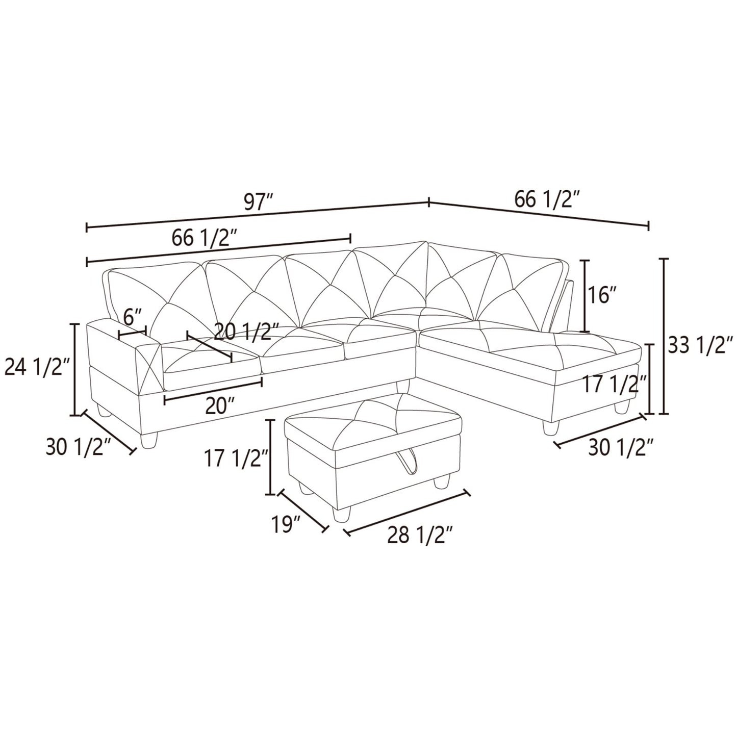 Diagram of a sectional sofa with dimensions