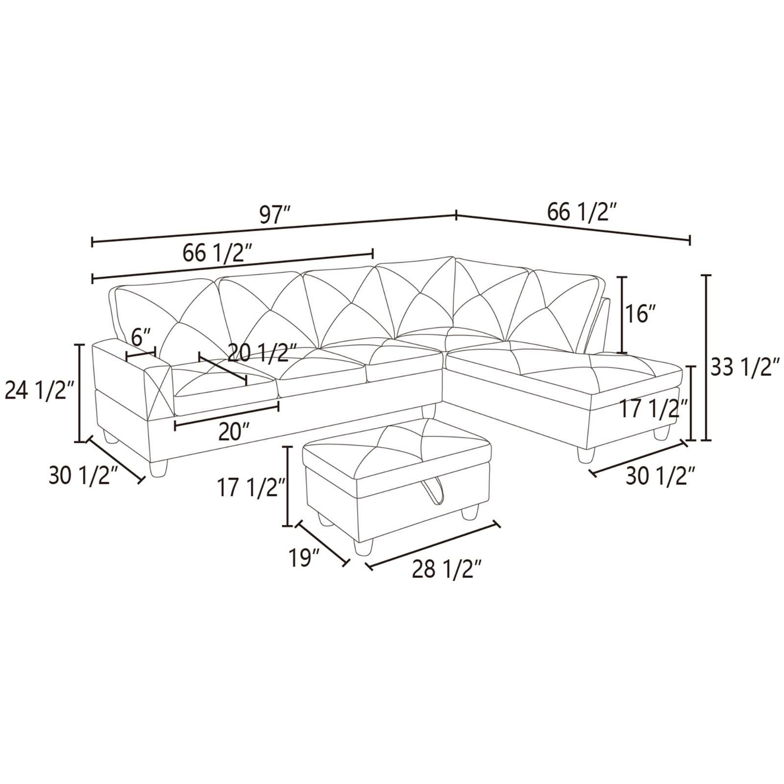Diagram of a sectional sofa with dimensions