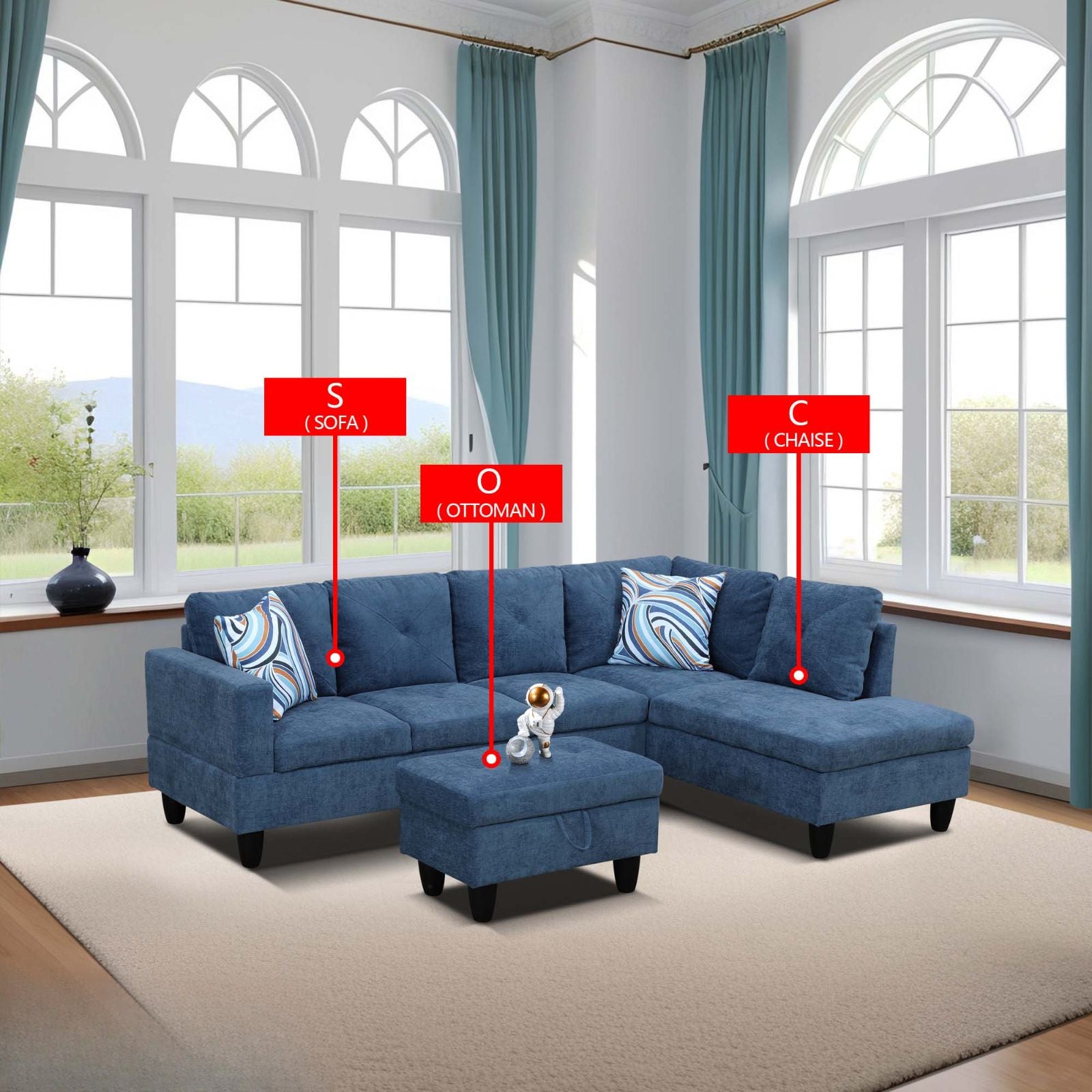 Deep blue upholstered sectional sofa with chaise and matching ottoman