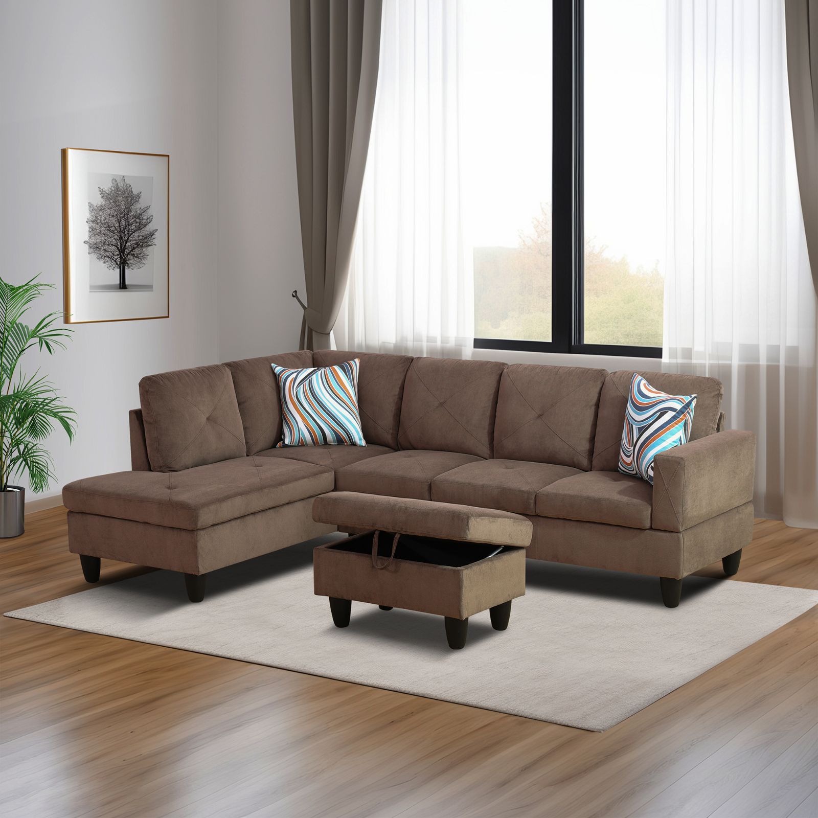 Brown microfiber sectional sofa with storage ottoman and striped pillows