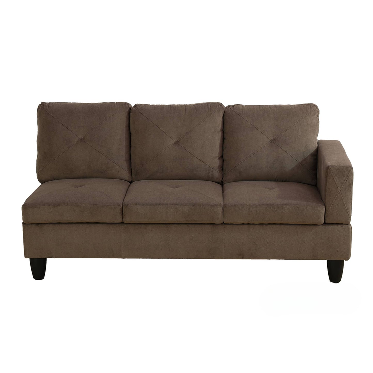 Brown fabric sectional sofa with tufted back cushions and square arms