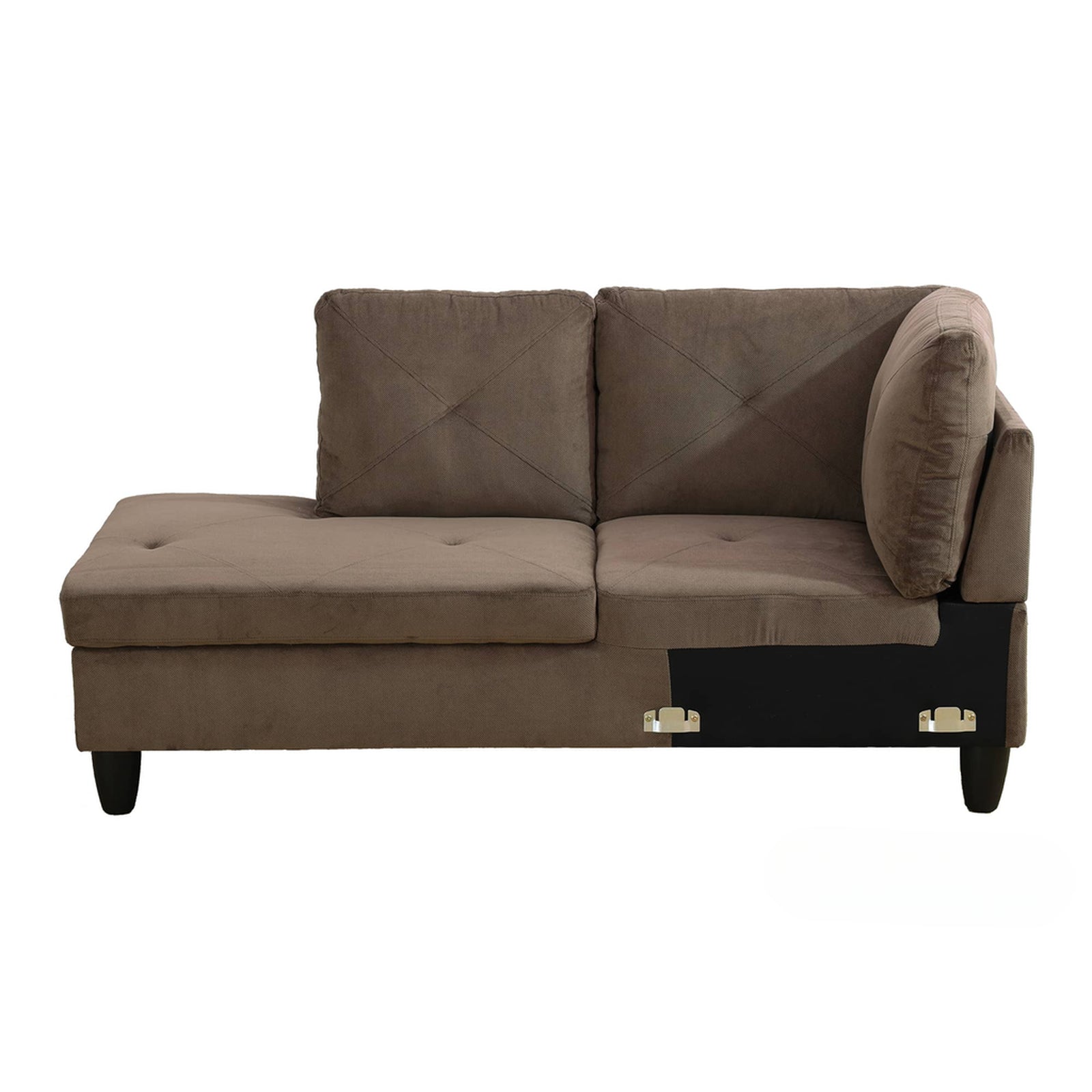 Brown fabric sectional sofa with tufted cushions and chaise