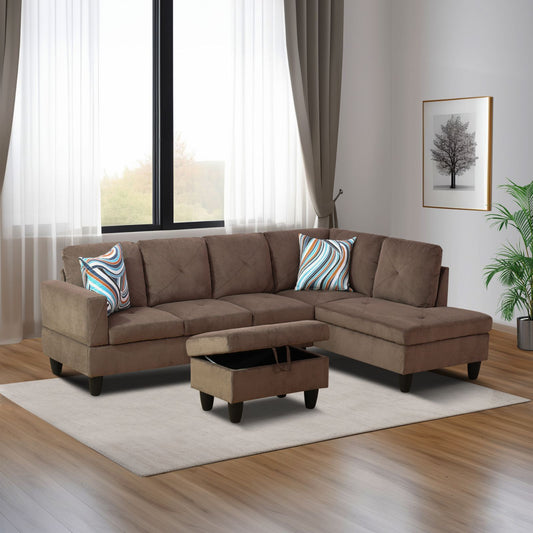 Brown fabric sectional sofa with chaise and storage ottoman