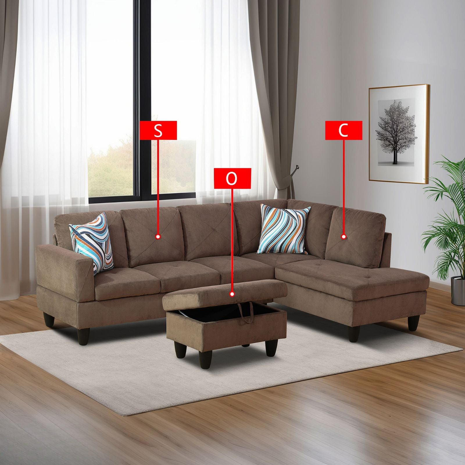 Brown fabric sectional sofa with chaise and ottoman
