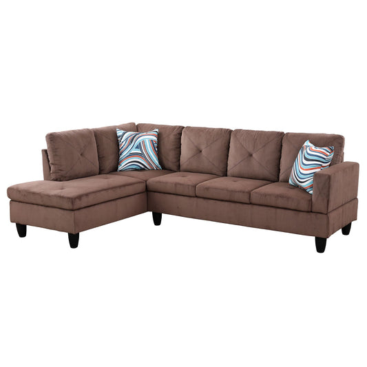Brown sectional sofa with chaise and decorative pillows