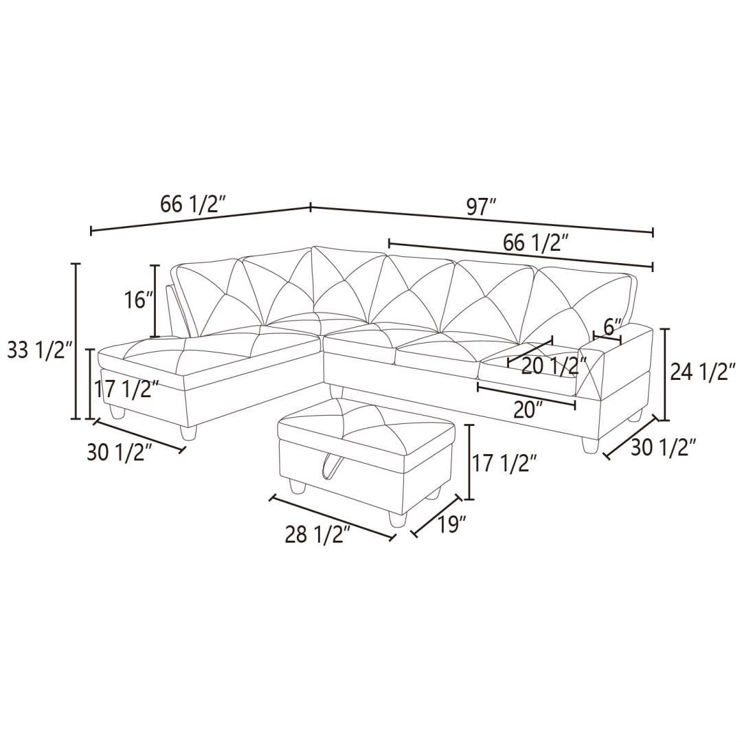 Diagram showing sectional sofa dimensions