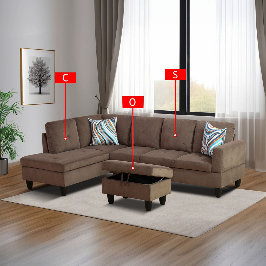 Brown sectional sofa with chaise lounge and storage ottoman