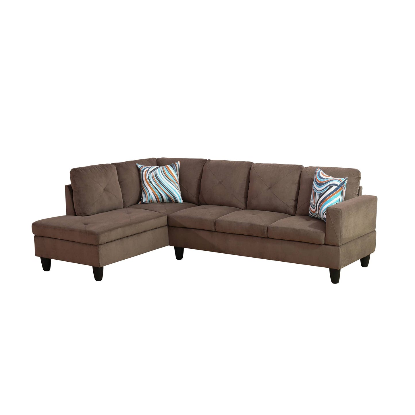 Brown fabric sectional sofa with two abstract patterned throw pillows