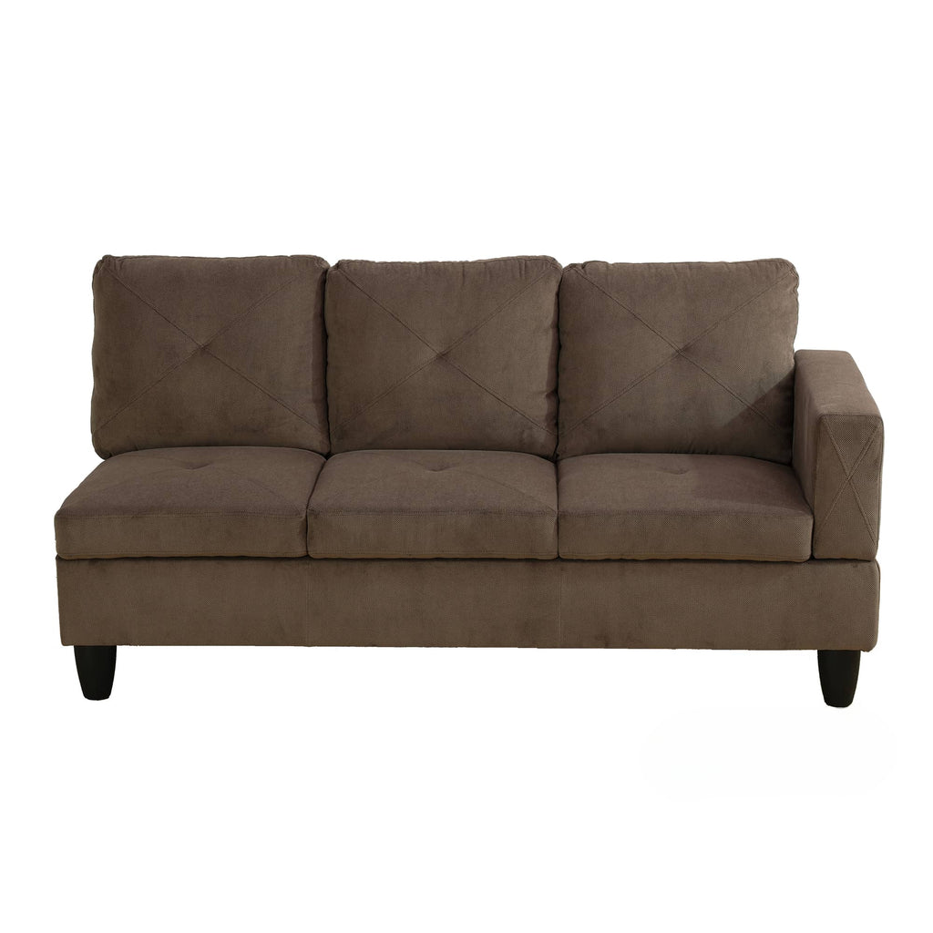 Brown upholstered sectional sofa with tufted back cushions and a modern design