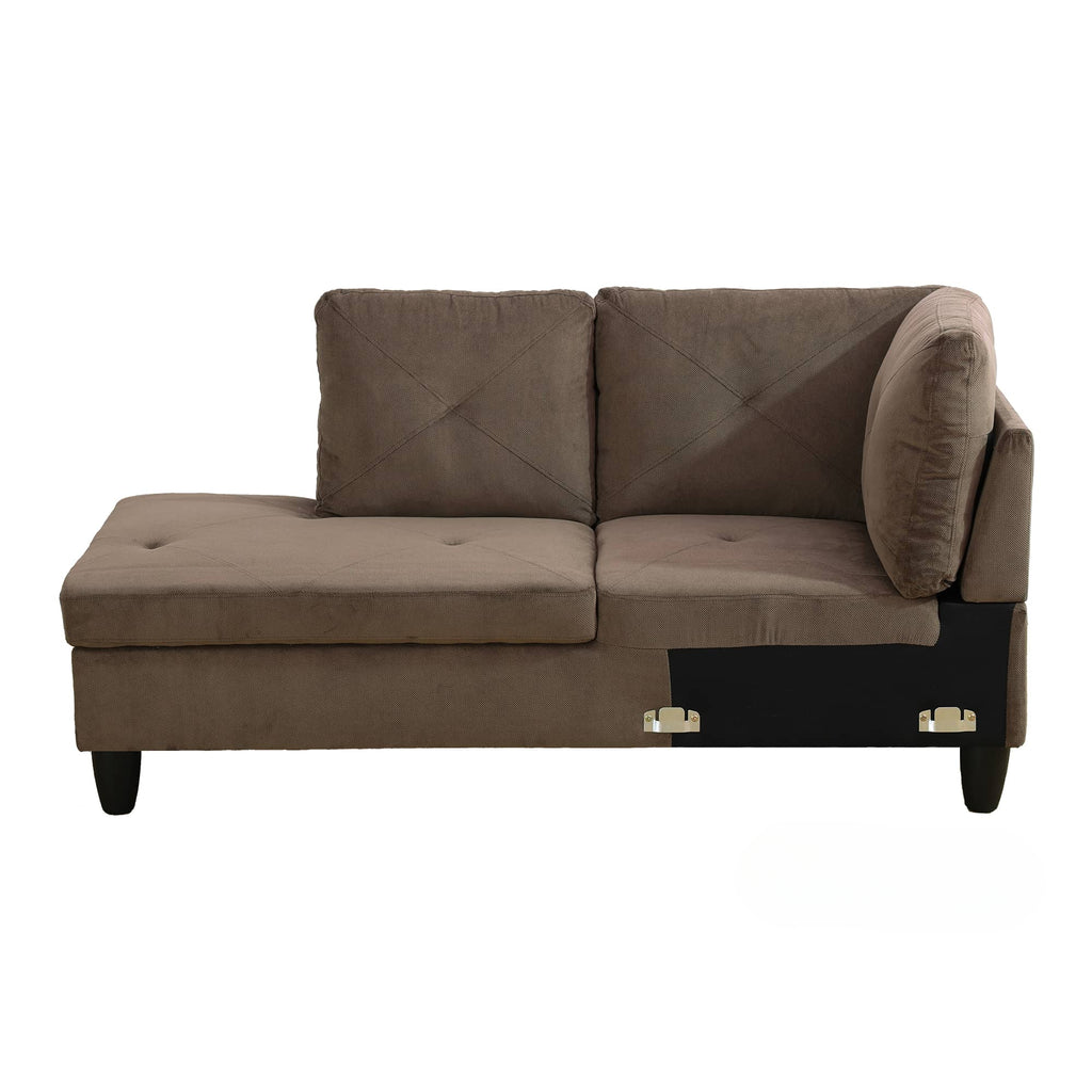 Brown microfiber sectional sofa with tufted seat and diamondstitched cushions