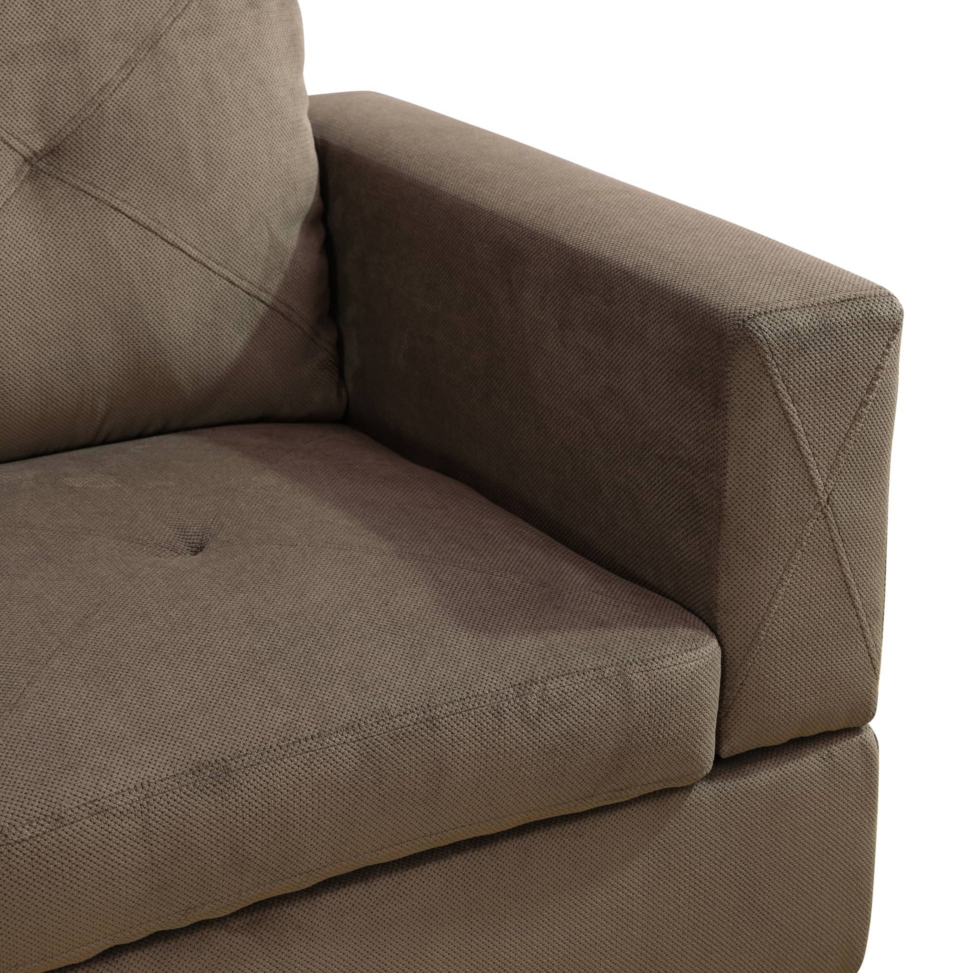 Brown textured fabric sofa armrest with diamond stitching detail