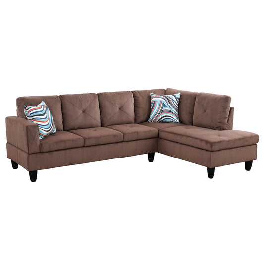 Brown velvet sectional sofa with diamondstitched back cushions and modern throw pillows
