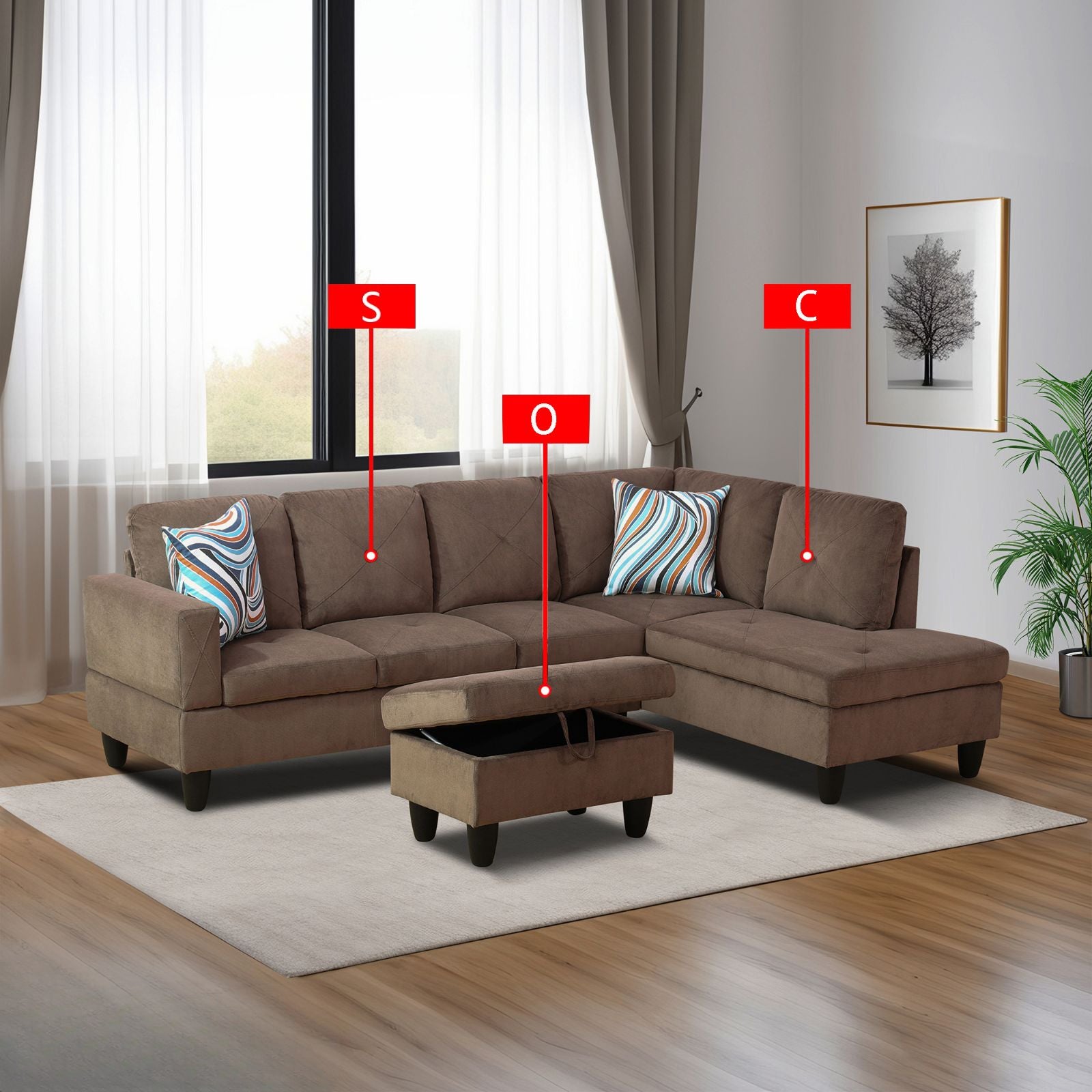 Brown fabric sectional sofa with chaise and storage ottoman