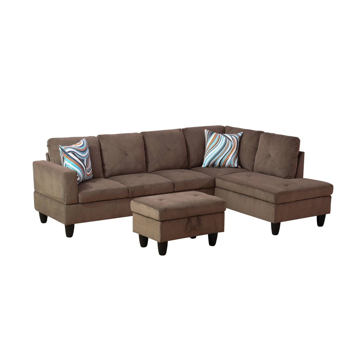 Brown velvet sectional sofa with storage ottoman and striped accent pillows