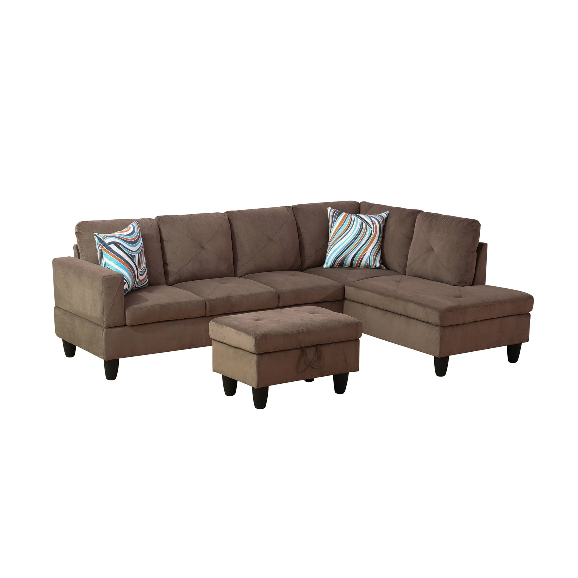 Brown velvet sectional sofa with storage ottoman and striped accent pillows