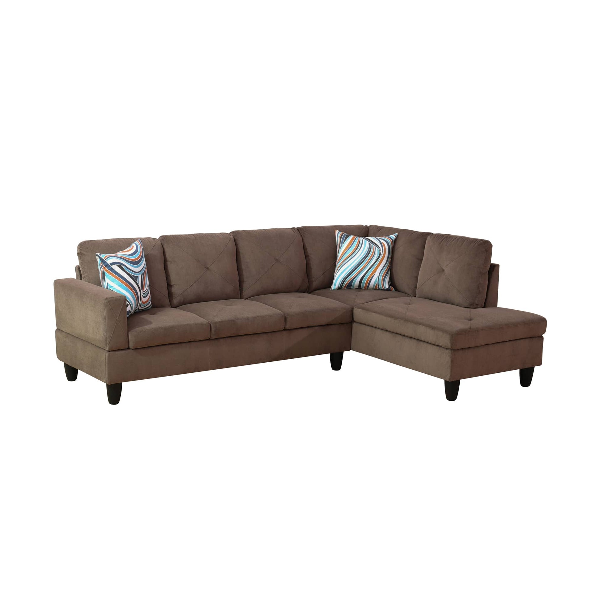 Brown microfiber Lshaped sectional sofa with decorative pillows