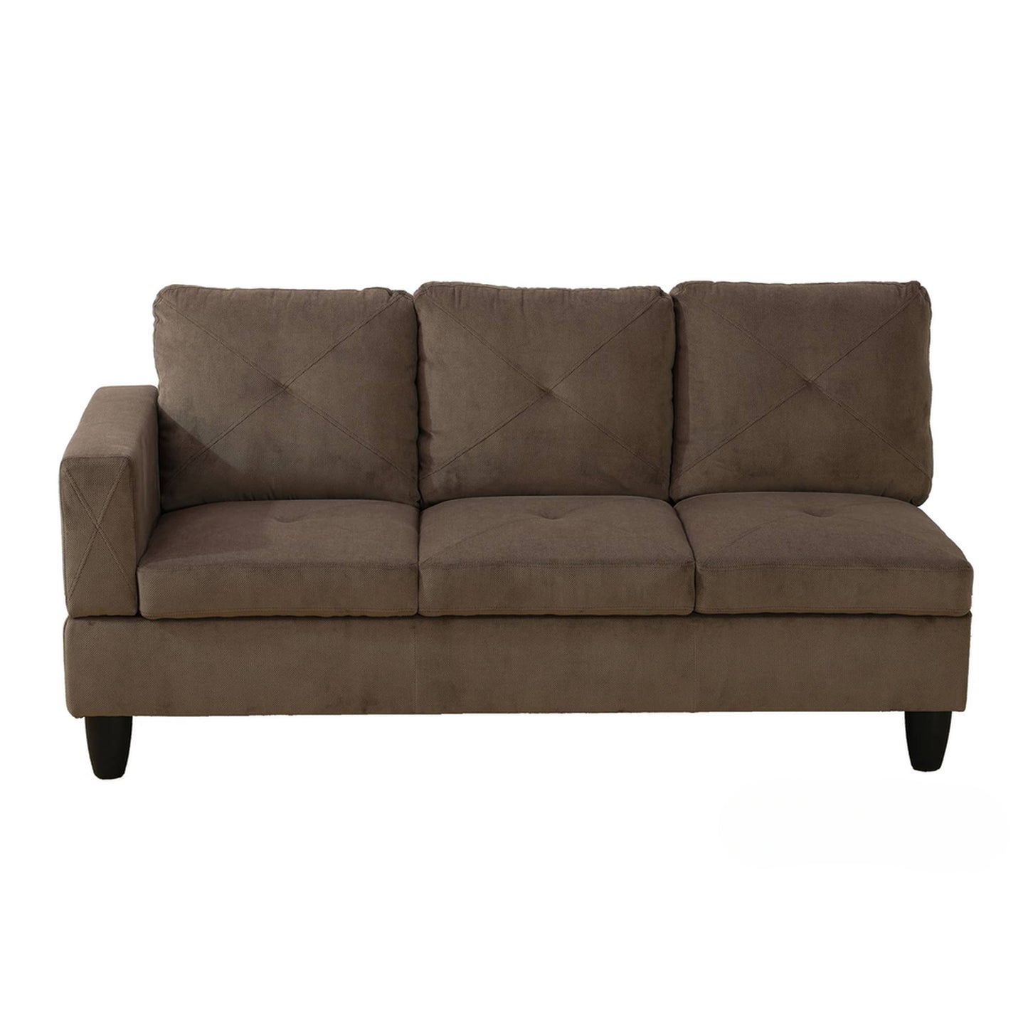 Brown fabric sectional sofa with tufted cushions and diamond stitching