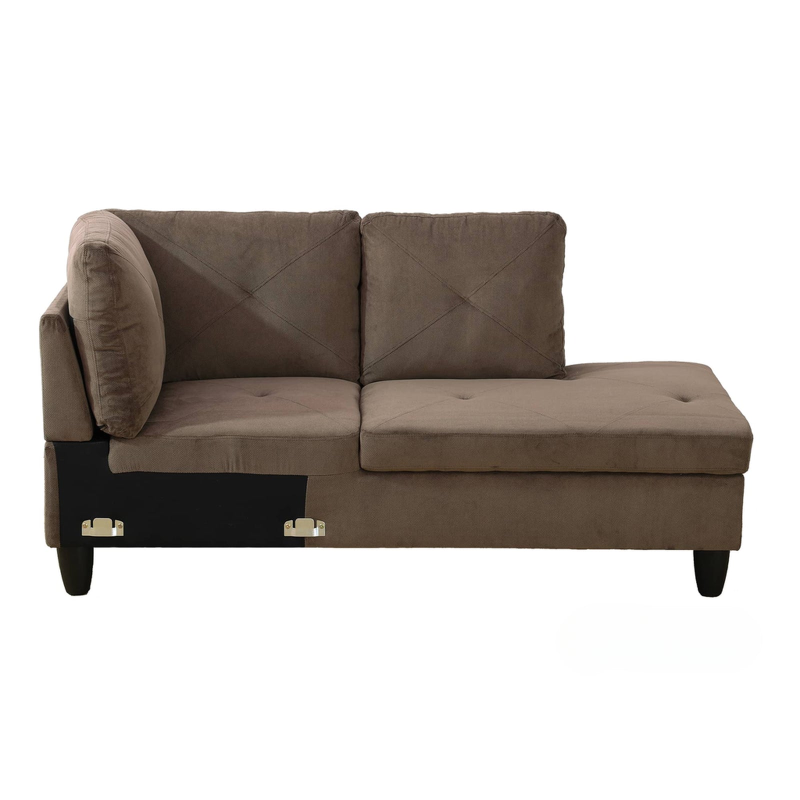 Brown fabric sectional sofa with tufted cushions and diamond stitching