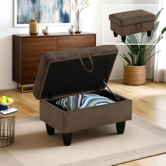 Brown upholstered storage ottoman with tufted lid and interior storage