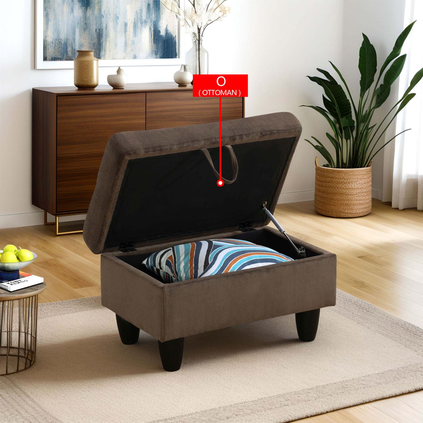 Brown fabric storage ottoman with open lid revealing interior and striped cushion