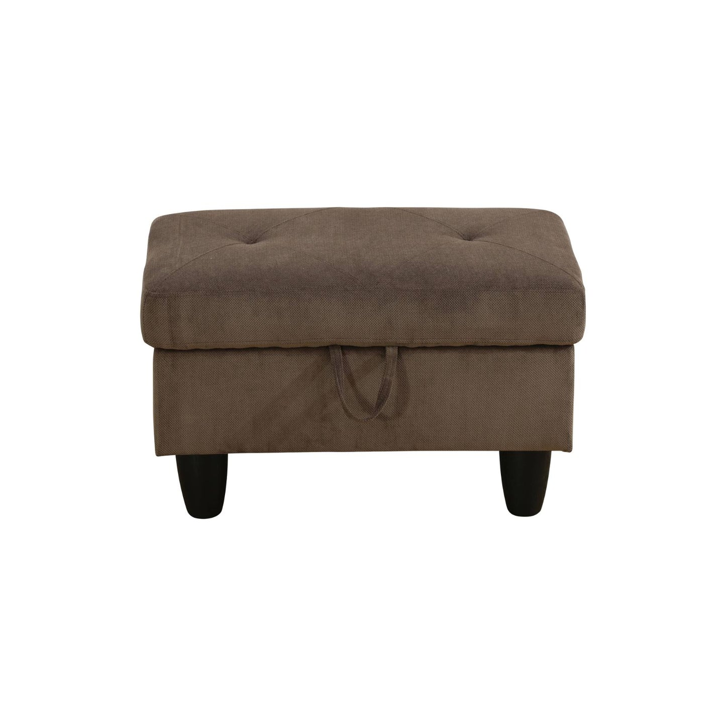 Tufted brown fabric storage ottoman with black legs and convenient pull loop