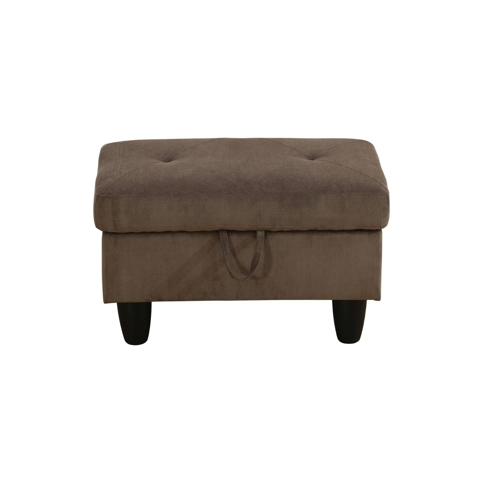 Tufted brown fabric storage ottoman with black legs and convenient pull loop