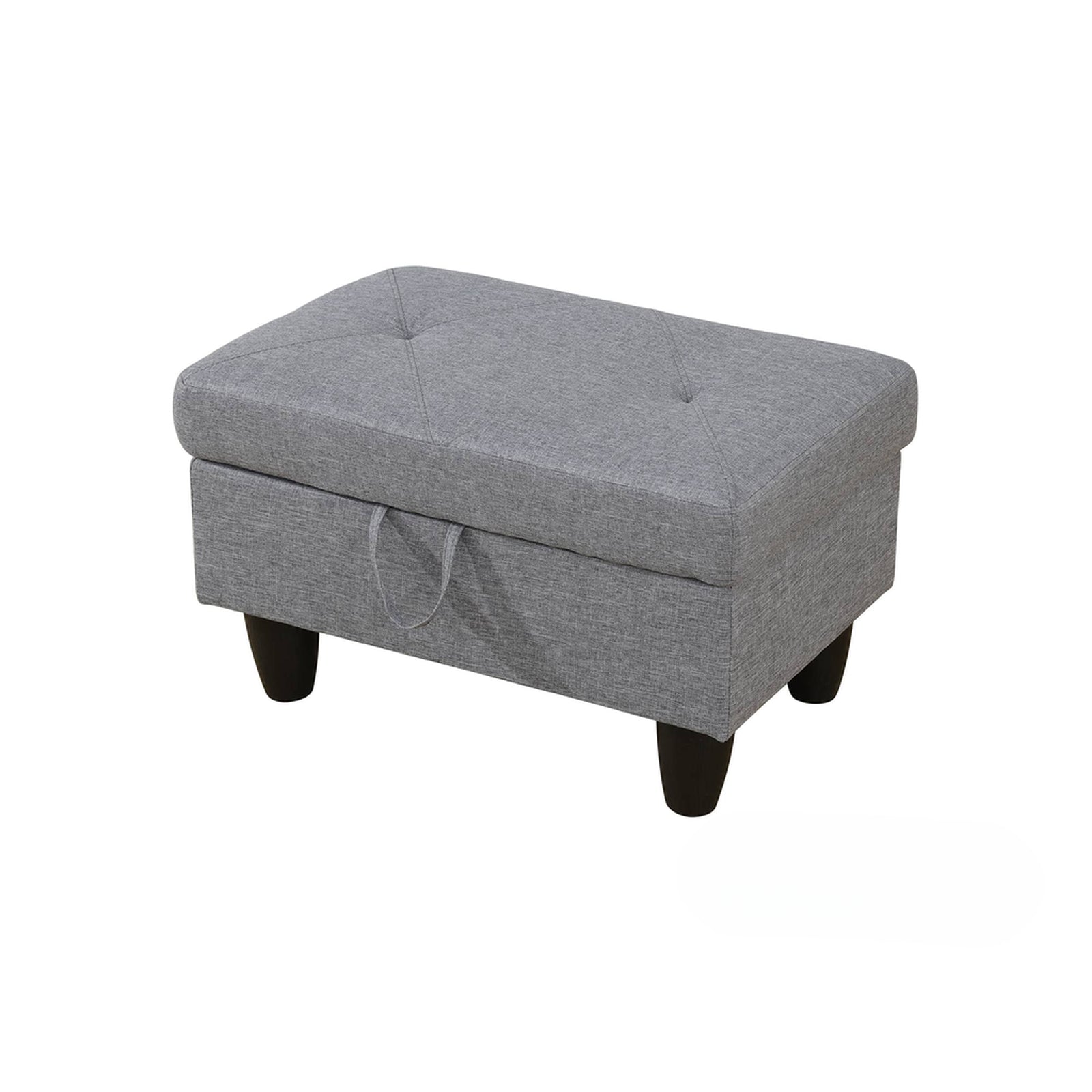 Gray fabric storage ottoman with diamond tufting and dark wooden legs