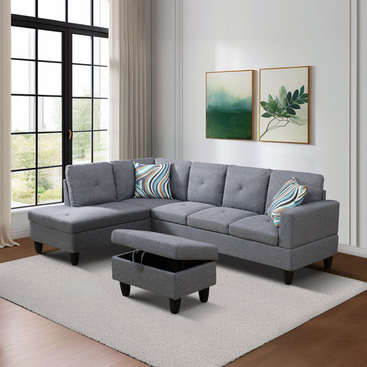 Gray fabric sectional sofa with chaise and storage ottoman