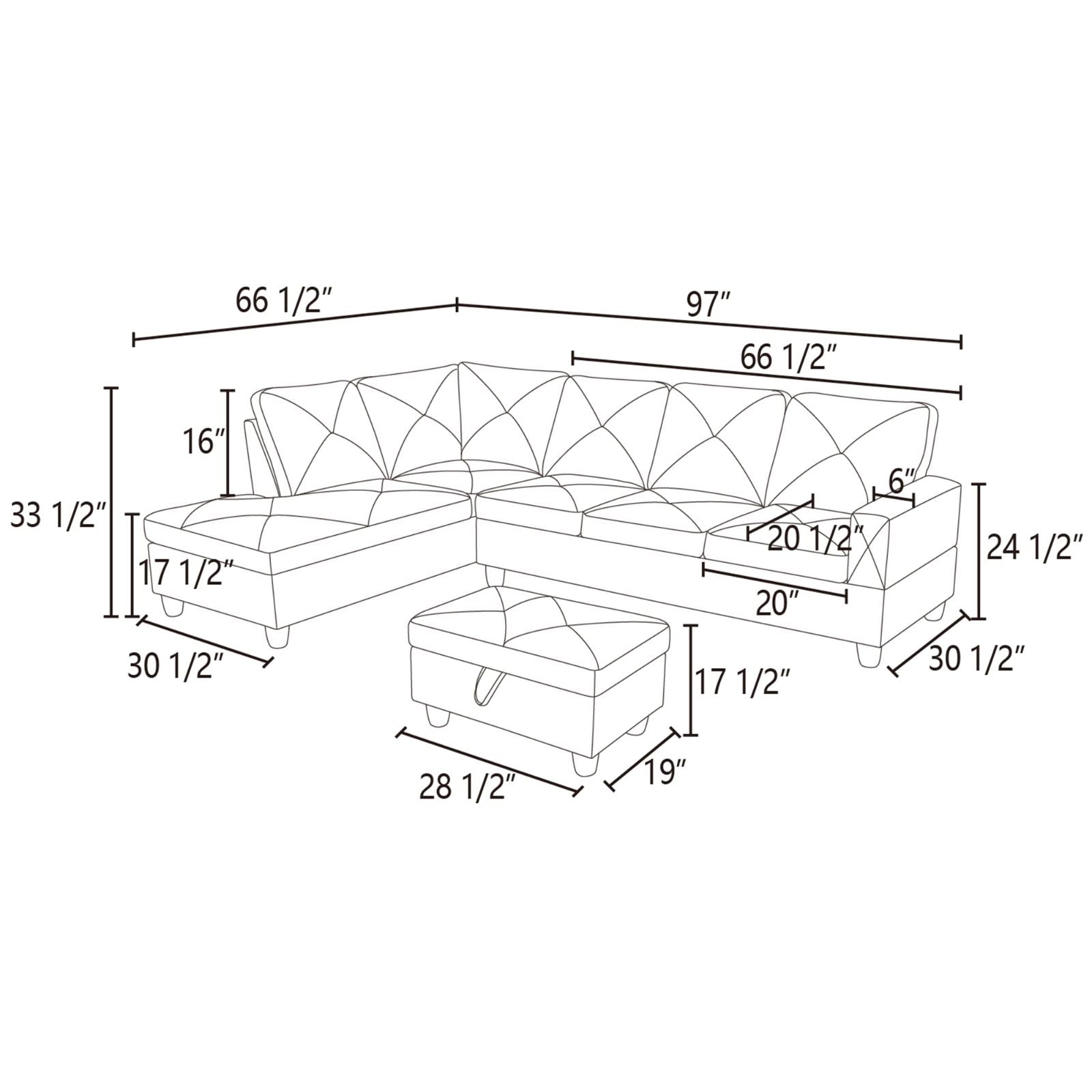 Line drawing of sectional sofa with dimensions
