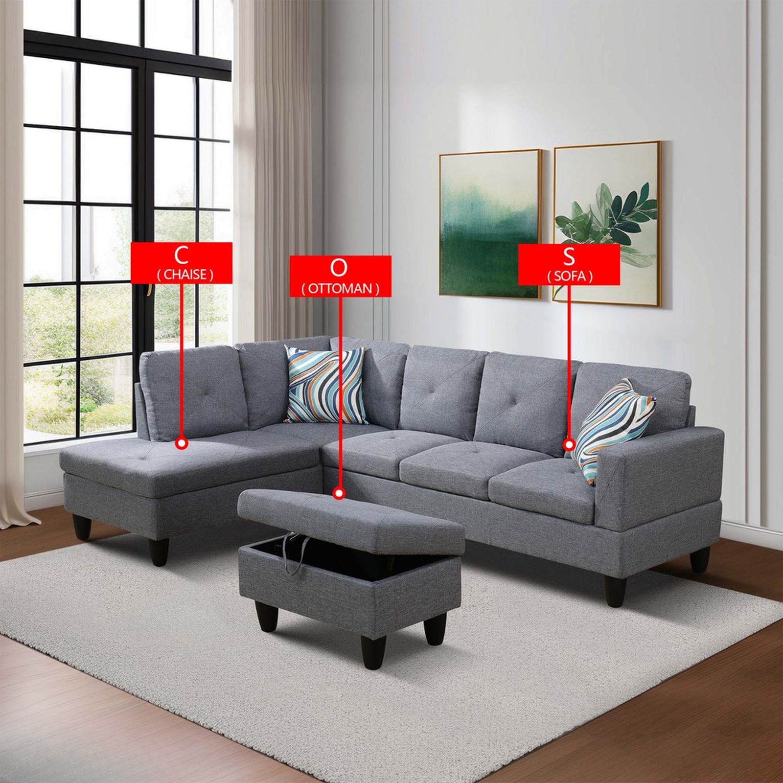 Grey fabric sectional sofa with storage ottoman