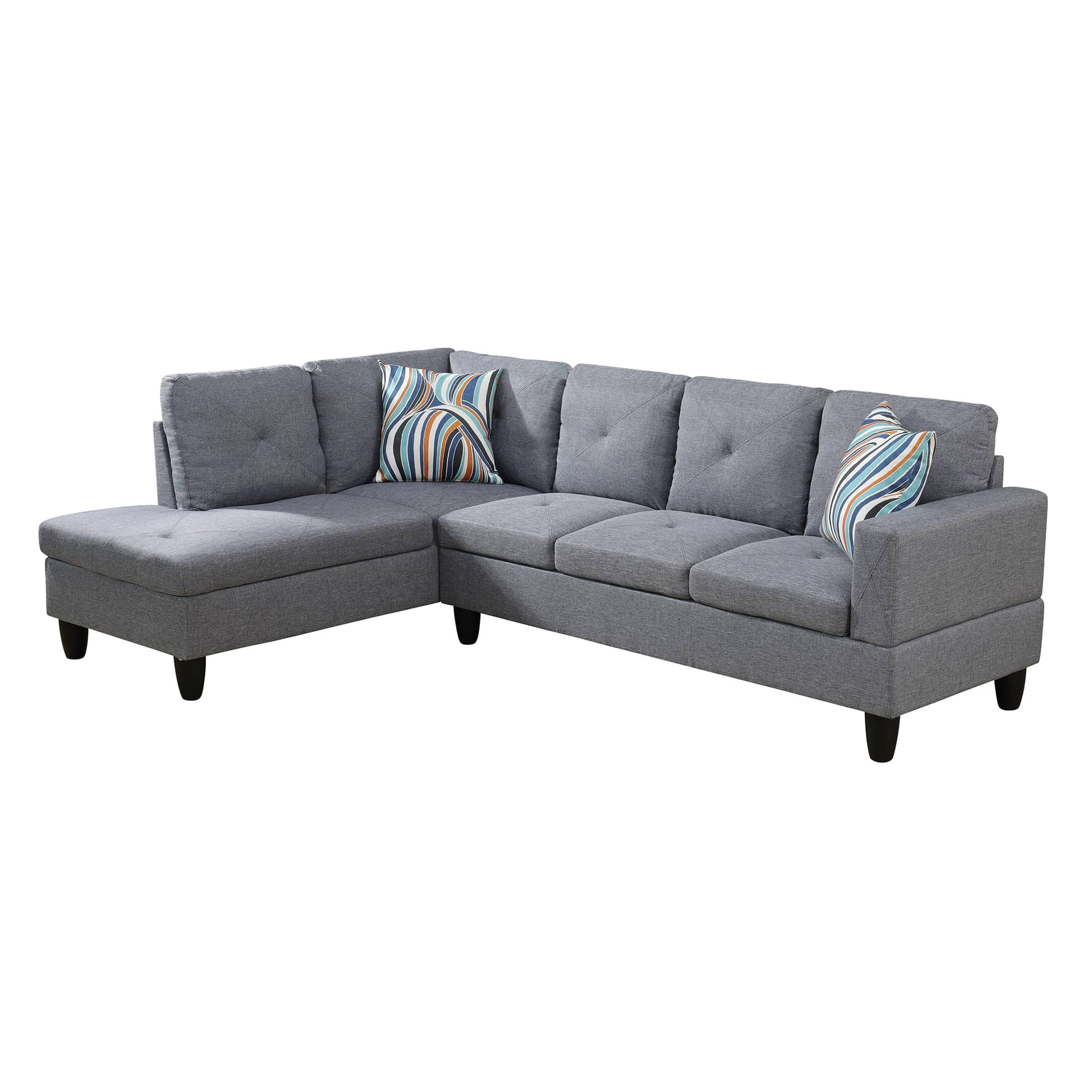 Gray fabric sectional sofa with chaise and patterned pillows
