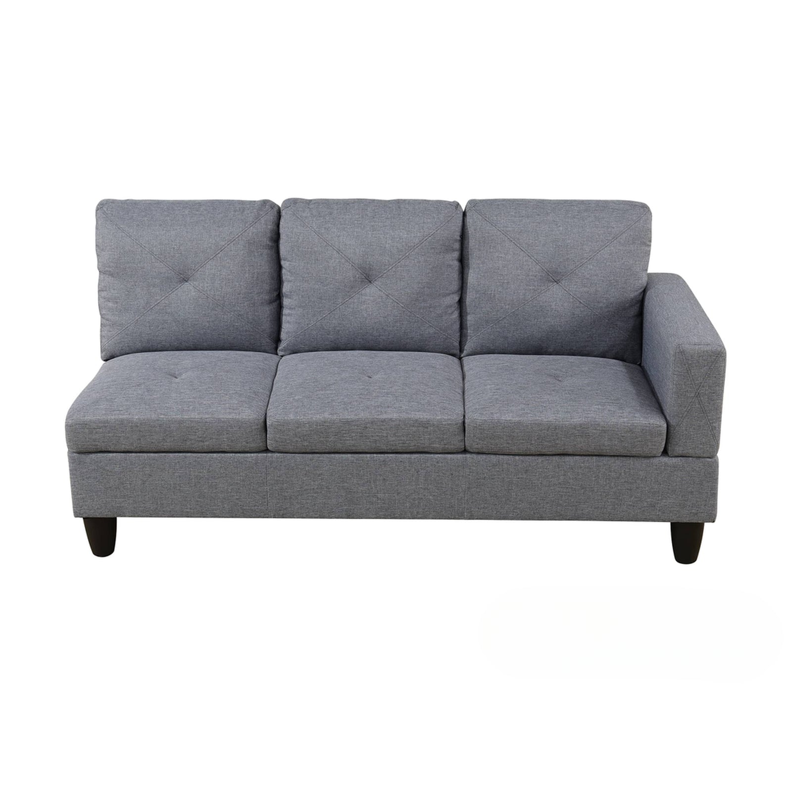 Gray fabric sectional sofa with tufted back cushions and a low profile